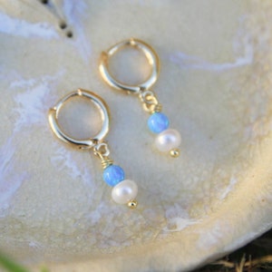 Gold Opal and Pearl Huggie Earrings