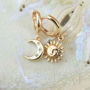 Asymmetrical Gold Sun Moon Earrings