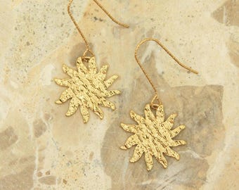 Textured Gold Sunburst Earrings | Statement Sun Drop Earrings | Hypoallergenic Hooks