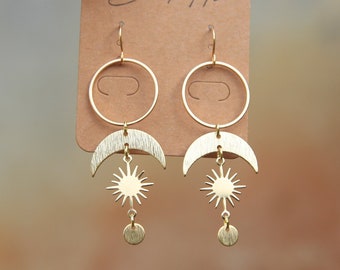 Golden Celestial Statement Sun and Moon Earrings