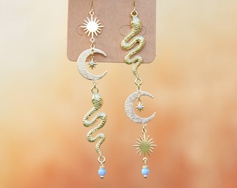 Blue Opal Celestial Snake Earrings with Sun, Moon, Stars