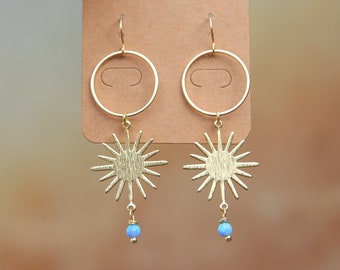 Blue Opal Gold Sun Earrings