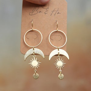 Golden Celestial Statement Sun and Moon Earrings