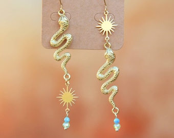 Blue Opal, Green Crystal, Asymmetric Gold Sun & Snake Earrings