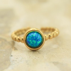 Blue Opal Ring • Gold Beaded Band • Adjustable Stacking Ring • Stainless Steel