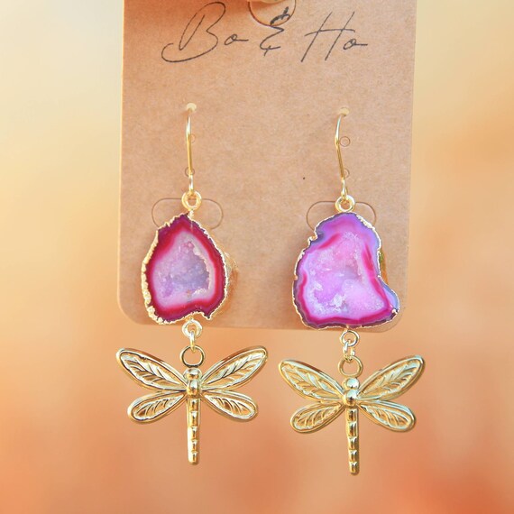 Pink Dragonfly Dangle Earrings with Crystals Pink Dragonfly Dangle Earrings with Crystals