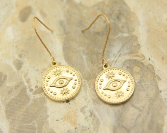 Gold Evil Eye Coin Earrings | Celestial Star Charm Earrings | Hypoallergenic Hooks