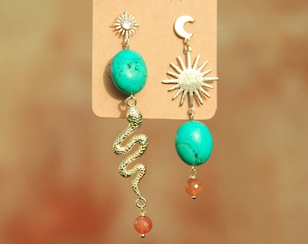Gold Celestial Snake Sun Earrings with Turquoise and Carnelian