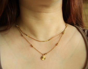 Layered Gold Necklace • Snake Chain, Satellite Chain, Sunburst Pendant • Waterproof Stainless Steel
