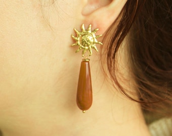 Sun Gemstone Drop Earrings • Gold Statement Studs • Waterproof Stainless Steel • Choose Your Stone • Celestial Earrings