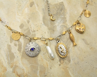 Mixed Metal Two Tone Charm Necklace: Eye, Heart, Moon, Fish, Snake, Pearl | Handmade Stainless Steel
