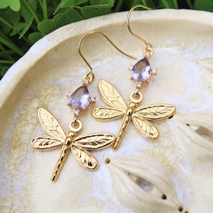 Gold Dragonfly Crystal Earrings