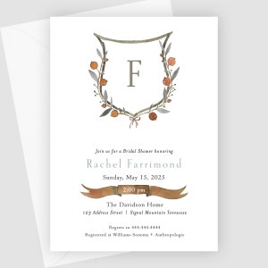 PRINTED Watercolor Crest Bridal Shower Invitation
