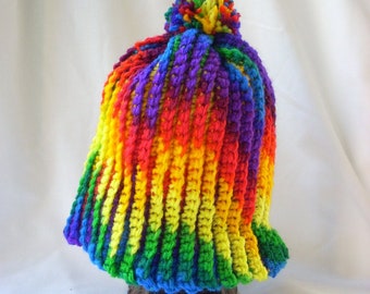 Winter Pom-Pom Hat, Colorful Rainbow Crochet, Bright Handmade Knit Hat