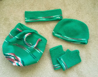 Mint Green Matching Winter Accessory Set, Drawstring Bag, Fingerless Gloves, Knit Beanie, Headband