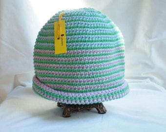 Adult Women's Pastel Striped Winter Crochet Hat, Handmade Knit Beanie