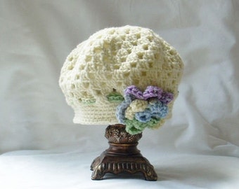 Spring Flower Girl Crochet Hat, Easter Dress Hat, Pastel and Cream Multicolored Flower Hat, Granny Stitch Flower Hat