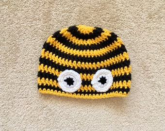Baby Bee Hat, Black and Yellow Striped Beanie with Eyes, Knit Winter Hat