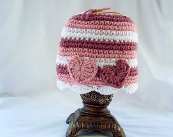 Toddler Girl's Valentine's Day Crochet Hat, Pink Striped Applique Heart Warm Winter Knit Beanie - Seasonal