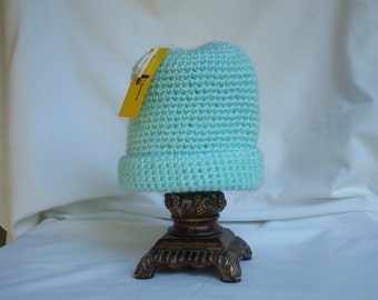 Light Blue Baby Boy Winter Crochet Hat, Rolled Folded Brim Knit Hat