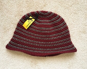 Adult Burgundy and Gray Striped Bell Cloche Hat