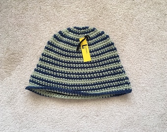 Adult Striped Bucket Hat, Light Green and Navy Blue Knit Hat