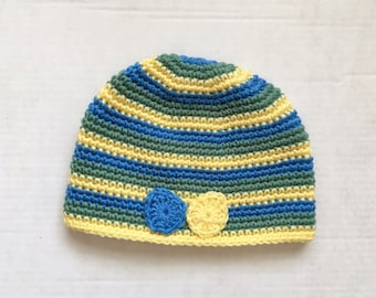 Child Knit Easter Hat, Pastel Striped Beanie with Appliqued Colored Eggs