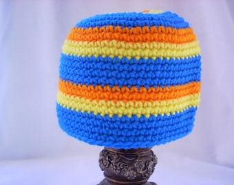Toddler Winter Crochet Hat, Bright Striped Blue Baby Boy Knit Beanie