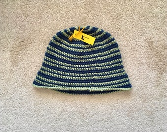 Adult Striped Bucket Hat, Navy Blue and Light Green Knit Hat