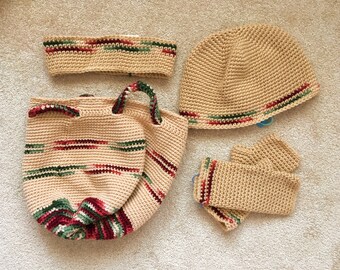 Tan Matching Winter Accessory Gift Set; Woman's Drawstring Bag, Knit Hat, Headband, Fingerless Gloves