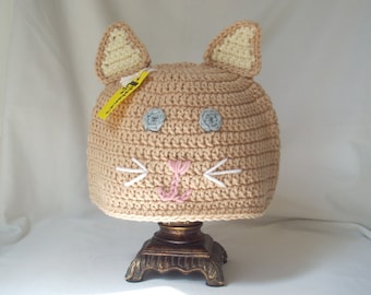 Tan Cat Crochet Animal Costume Hat, Winter Knit Beanie, Cat Lover Gift