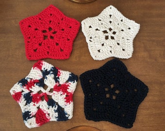 Set of 2 USA Patriotic Star Crochet Cotton Yarn Coasters