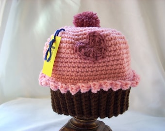 Crochet Cupcake Hat: Pink Birthday Party Hat with Heart Applique