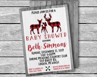 5x7 Customized Baby Shower Invitation - Front And Back Digital Download - Red Black Buffalo Plaid Flannel Baby Deer Buck - Printable JPG