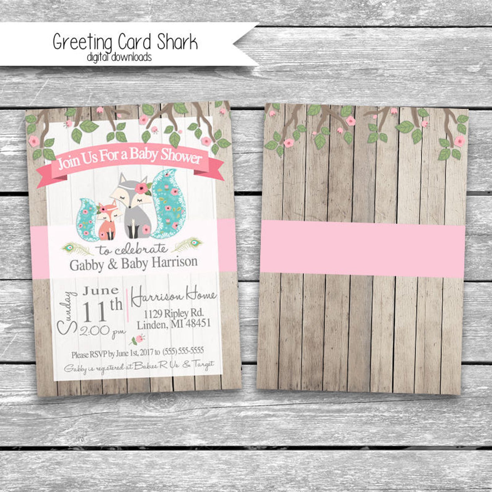 5x7 Customized Baby Shower Invitation Front, Back & Thank You Card