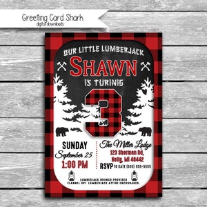 5x7 Lumberjack Thème Invitation d’anniversaire personnalisable Fichier numérique haute résolution - Tableau noir et Buffalo Plaid Rustic Forrest Party