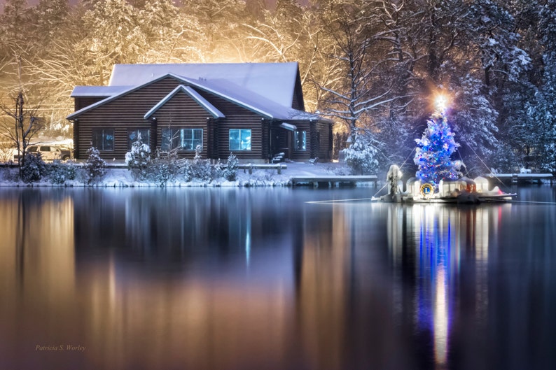 Christmas Tree // Log Cabin // Lake // Medford Lakes // New Jersey // Fine Art Photograph // Christmas Gift // Holiday Season image 1