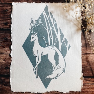 deerfox | hilda inspired linocut print 12 x 9”