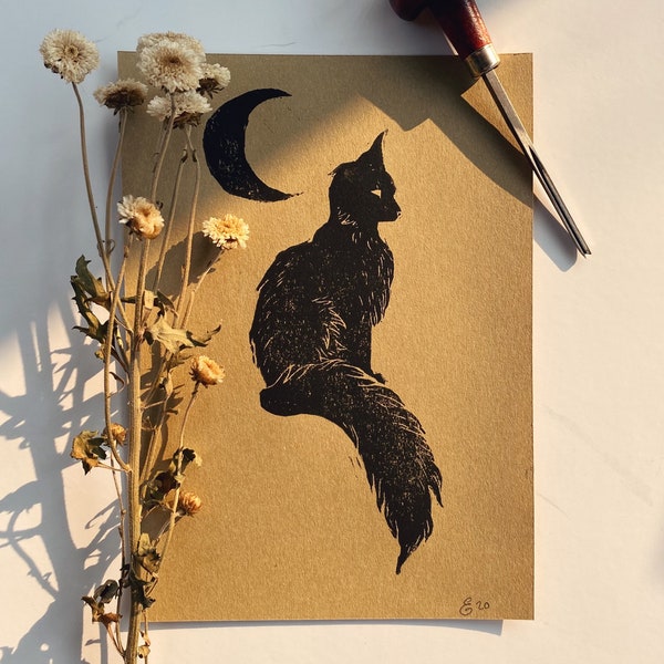 die Katze & der Mond | Fine Art Blockdruck 7 x 5"