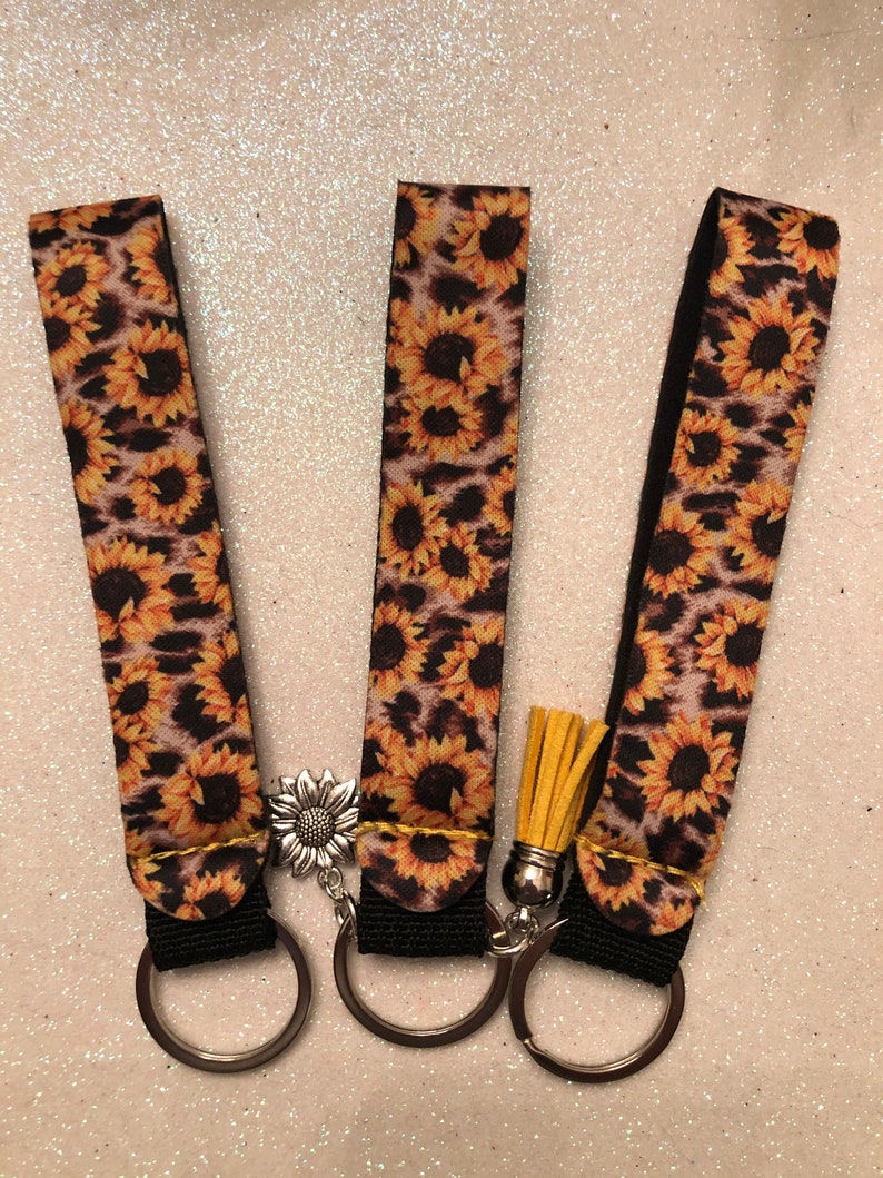 Sunflower Keychain Wristlet Grosgrain Ribbon Sunflower Key FOB Sunflower Wristlet Keychain