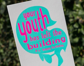 Elvis inspired risograph funny birthday card with neon vibrant colors. Funny YOur youth has left the building quote made with riso machine.