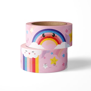 Pink rainbow washi masking tape with kawaii rainbows, clouds and stars. A cute kawaii happy masking tape for bujo. Decorating planner, diary