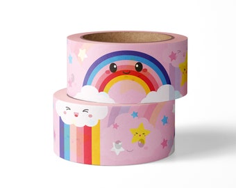 Pink rainbow washi tape with kawaii rainbows, clouds and stars. A cute kawaii happy masking tape for bujo.