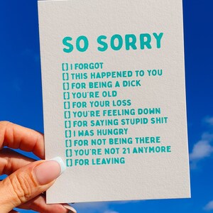 Carte postale Je suis désolé, j'ai oublié, vous vous sentez déprimé, parce que vous êtes un connard….. carte imprimée riso à choix multiples. Carte d'empathie pour de nombreuses occasions.