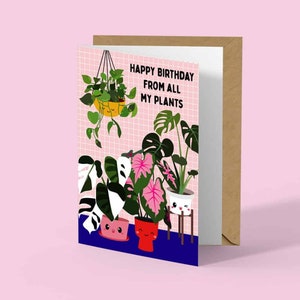 Cartão de Feliz Aniversário para Plantas de Casa é a maneira engraçada perfeita de desejar um feliz aniversário aos seus amigos com polegar verde com muitas plantas