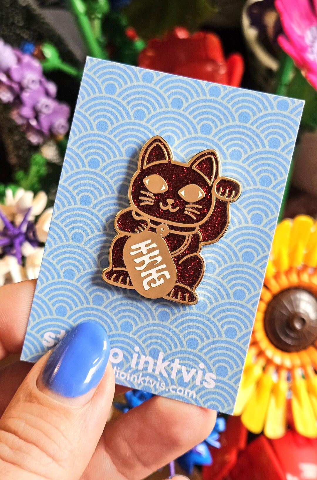 Maneki Neko Enamel Pin – Red and Black Glitter Lucky Cat - Ad Some ...