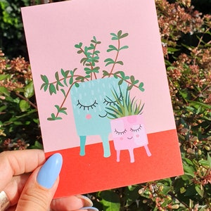 Leuke kamerplanten aanmoediging moderne plant lady botanische kaart. Vriend plantenpotten minnaar kaart. Opbeurende alledaagse kaart.