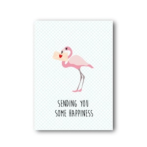 Niedliche Flamingo-Karte mit Text „Sending You Some Happiness“. Tolle Geburtstags- oder Alltagskarte für Flamingoliebhaber
