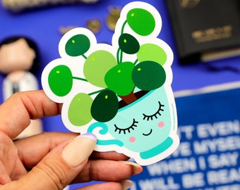 Plant kawaii car vinyl decal of a pilea peperomioides. Great crazy plant lady gift for every chinese money plant lover.