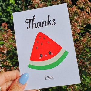 Postkarte Thanks a Melon Danke, Kawaii Wassermelone Karte. Lustige Essen Grußkarten. Obst-Wortspiel-Karte.